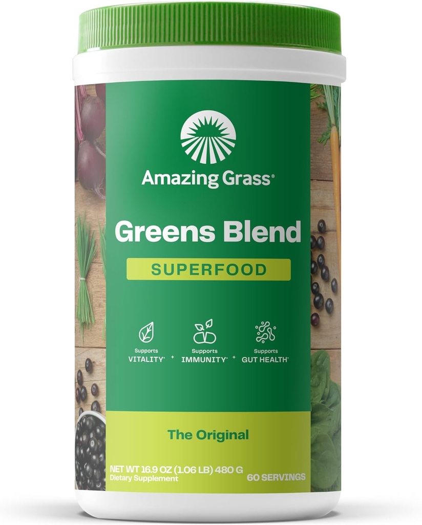 Increíble Grass Greens Blend Superfood: Super Greens Powder with Spirulina, Chlorella, Beet Root Powder, Digestive Enzymes, Prebiotics & Probiotics, Original, 60 Servings (Packaging May Vary)