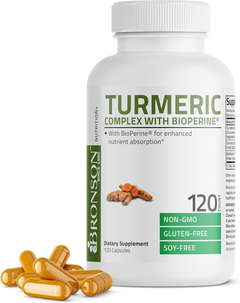 Bronson Turmeric Curcumin with BioPerine - High Potency Premium Joint Support with 95% Standardized Curcuminoids - Non-GMO Capsules with Black Pepper - 120 Count