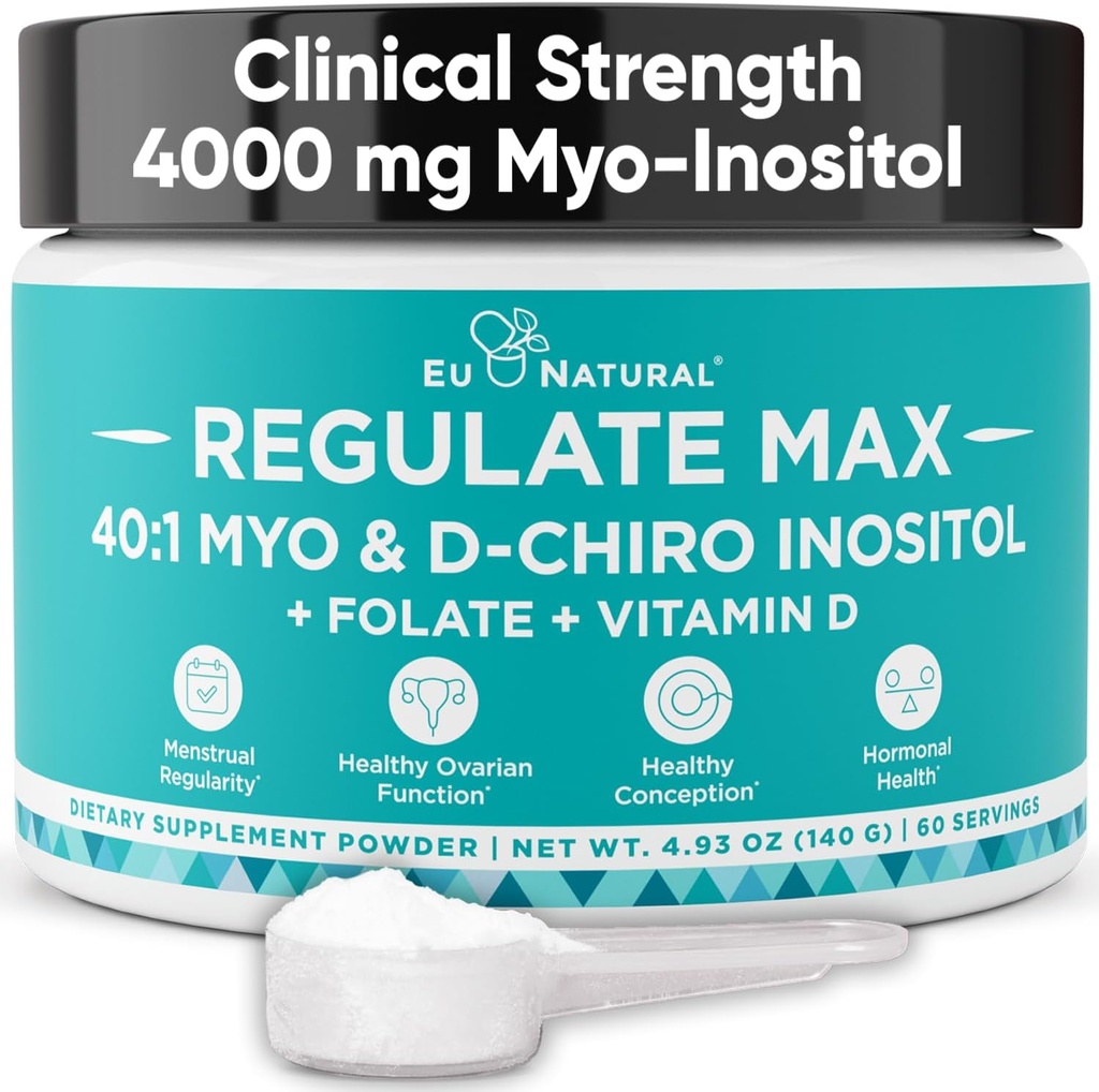 Regular MAX Myo-Inositol & D-Chiro Inositol Suplemento Polvo para Mujeres con Vitamina D &amp; Folate PCOS Apoyo nutricional, Equilibrio hormonal &amp; Apoyo Fertilidad, Desarrollado 60 Actuaciones