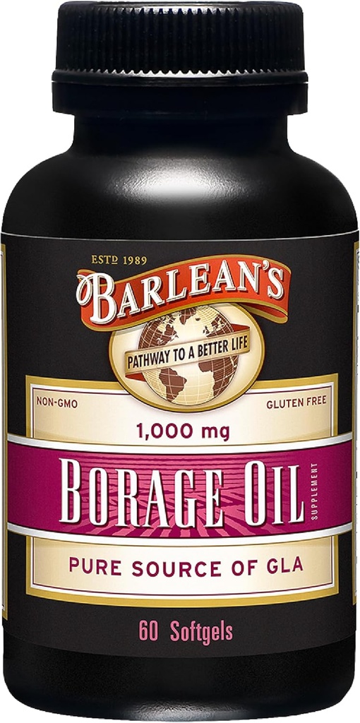 Barlean's Borage Oil Supplements, Cold Pressed Pure Borage Seed Oil Supplement Softgels for Men and Women, 1000 mg GLA Fatty Acids, 60 Count