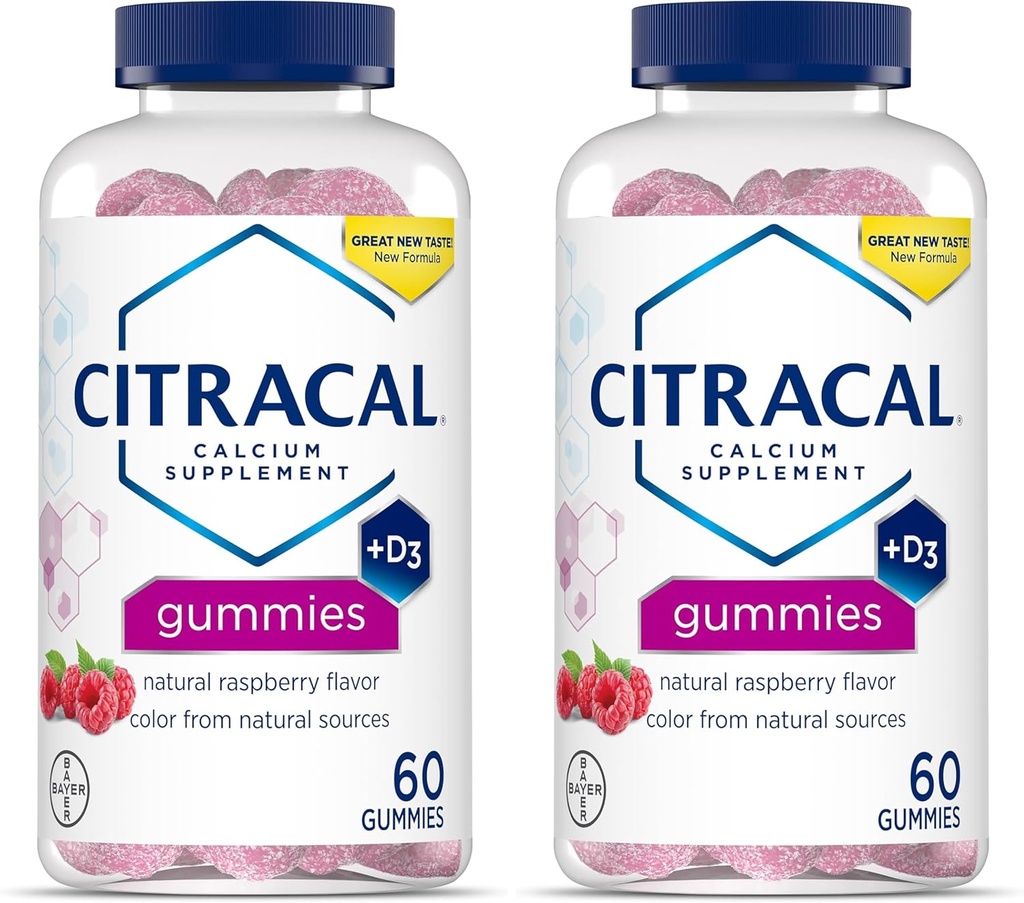Calcio CITRACAL Suplemento Gummies, Calcio Chewable con Vitamina D3, Soporta la Salud de los Huesos, Cerdos de Calcio para Edades 12+, Sabor de Fresa Natural, 60 Cuenta (Pack de 2)