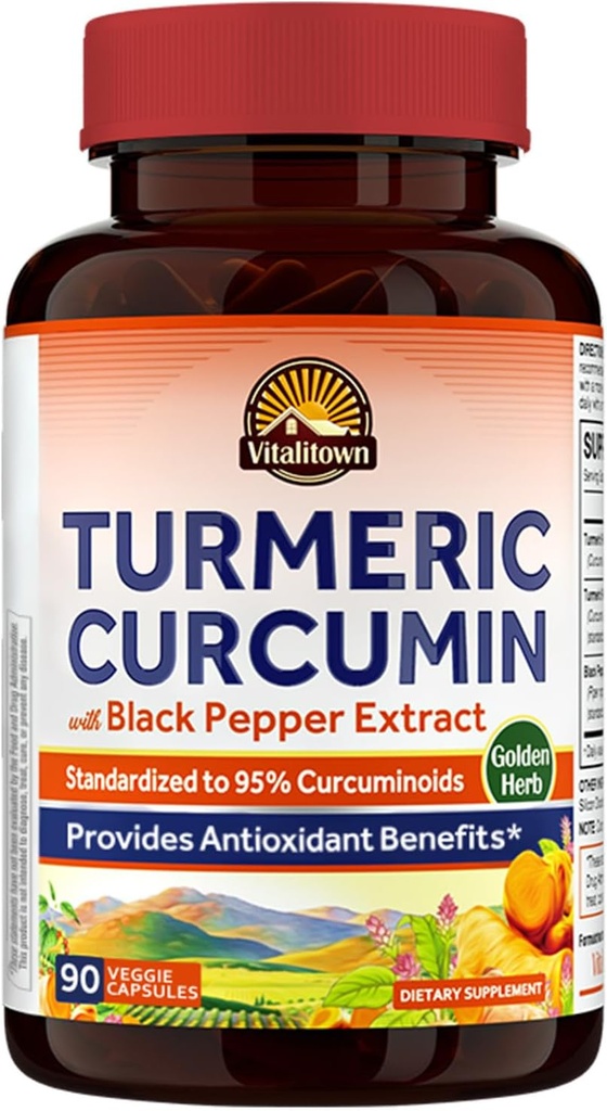 Vitalitown Turmeric Curcumin Root + Black Pepper, 1800MG, India Grown, 95% Standardized Curcuminoids, Ultra Potency, 2000% Absorción, Sin plomo o gluten, Vegan Support, 90 ct