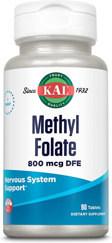 KAL Methyl Folate 800 mcg DFE, 5-MTHF Forma activa Vitamina B9, Folic Acid Suplemento, Heart Health, Prenatal, Mood and Brain Support, Fast Dissolving ActivTab, 60-Day Guarantee, 90 Servings, 90 Tablets