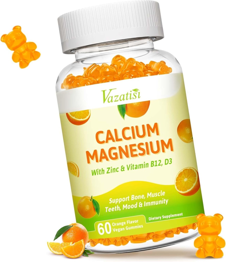 Calcio Magnesio Zinc Gummies con vitamina D3 y K2, Gran Absorción Magnesio Glycinate Potasio para Immune y Calm Mood, Vegan Orange Flavor 60 Gummies