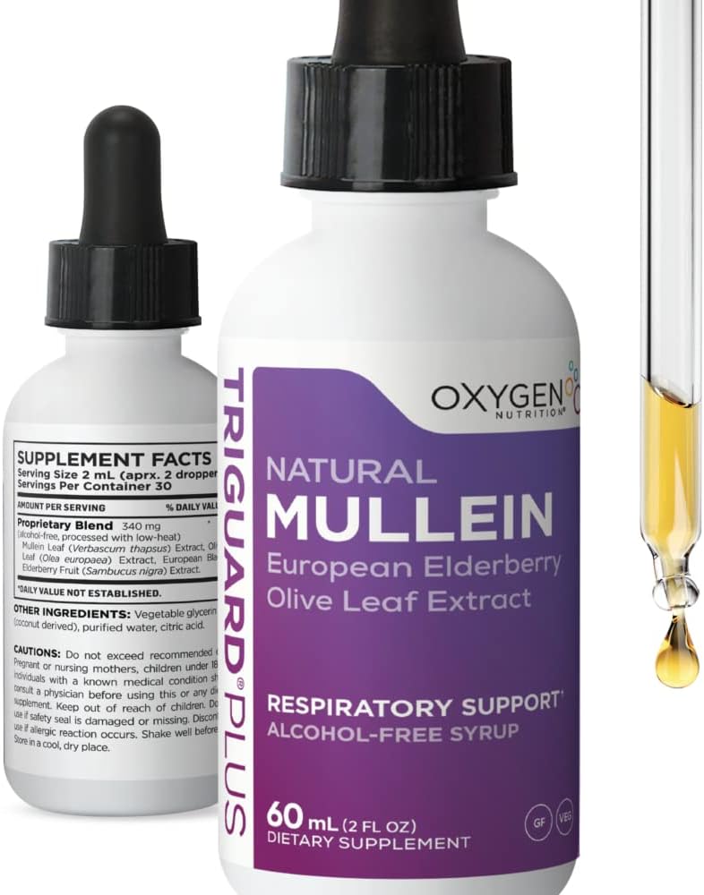 TriGuard MULLEIN Plus - Mullein Leaf Extract, Elderberry Extract & Olive Leaf Extract 2 fl oz Silencioso Soportes Healthy Respiratory Function &amp; Immune System