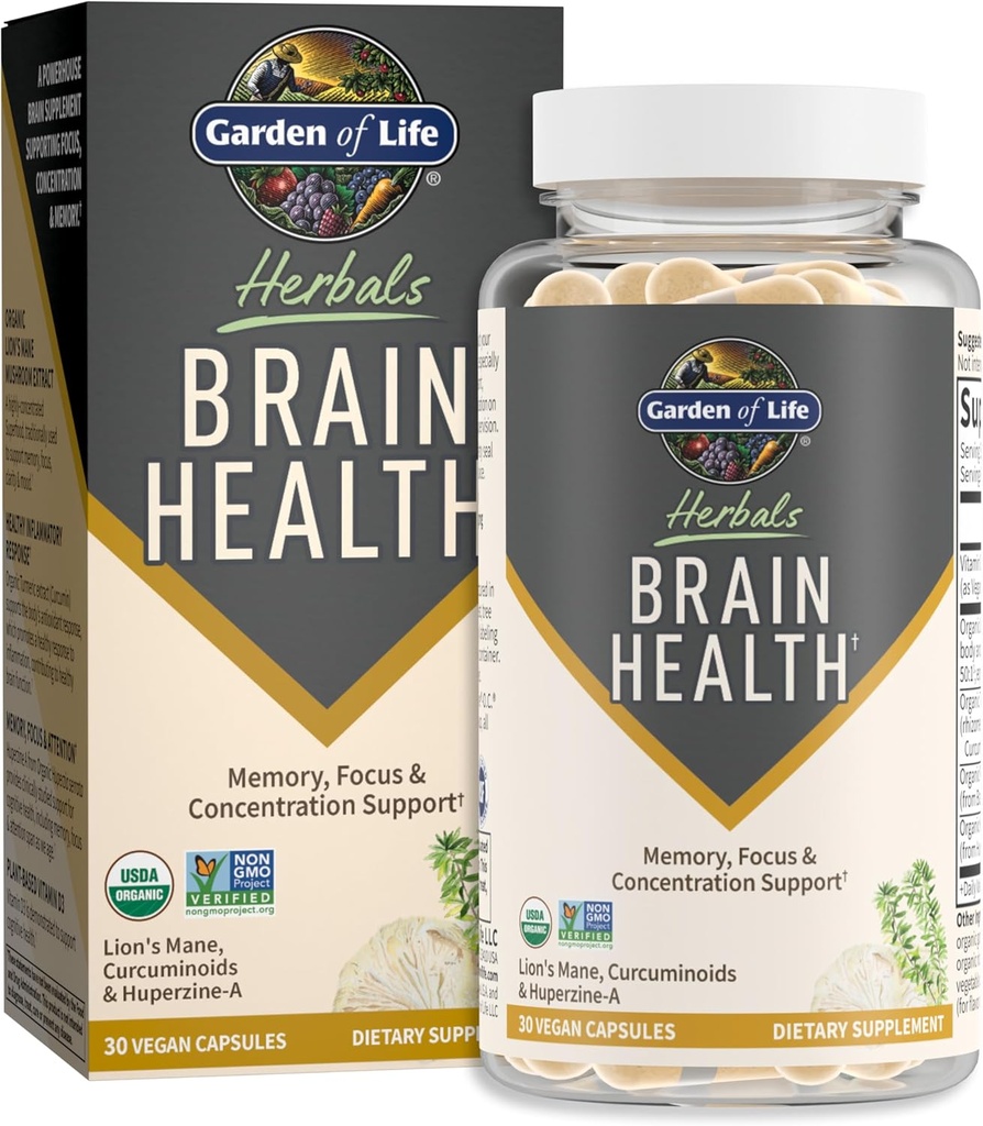 Garden of Life Brain Health Suplemento con la Mane " Turmeric, Non-GMO, Libre de gluten, Sabor de la menta - para la memoria, Focus " Función cerebral sana