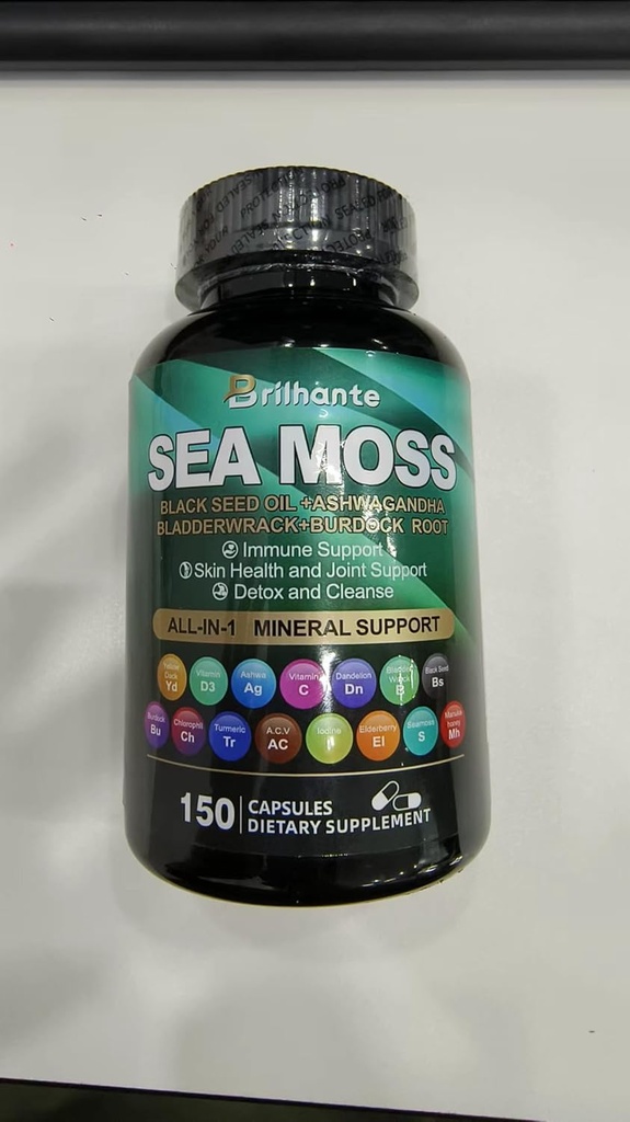 Moss 27,850mg Ashwagandha 1000mg Aceite de semillas negras 4000mg Ashwagandha Suplementos Vitamina C &amp; D3 con Bladderwrack, Ginger, Burdock Root for Immune System-145 Capsules