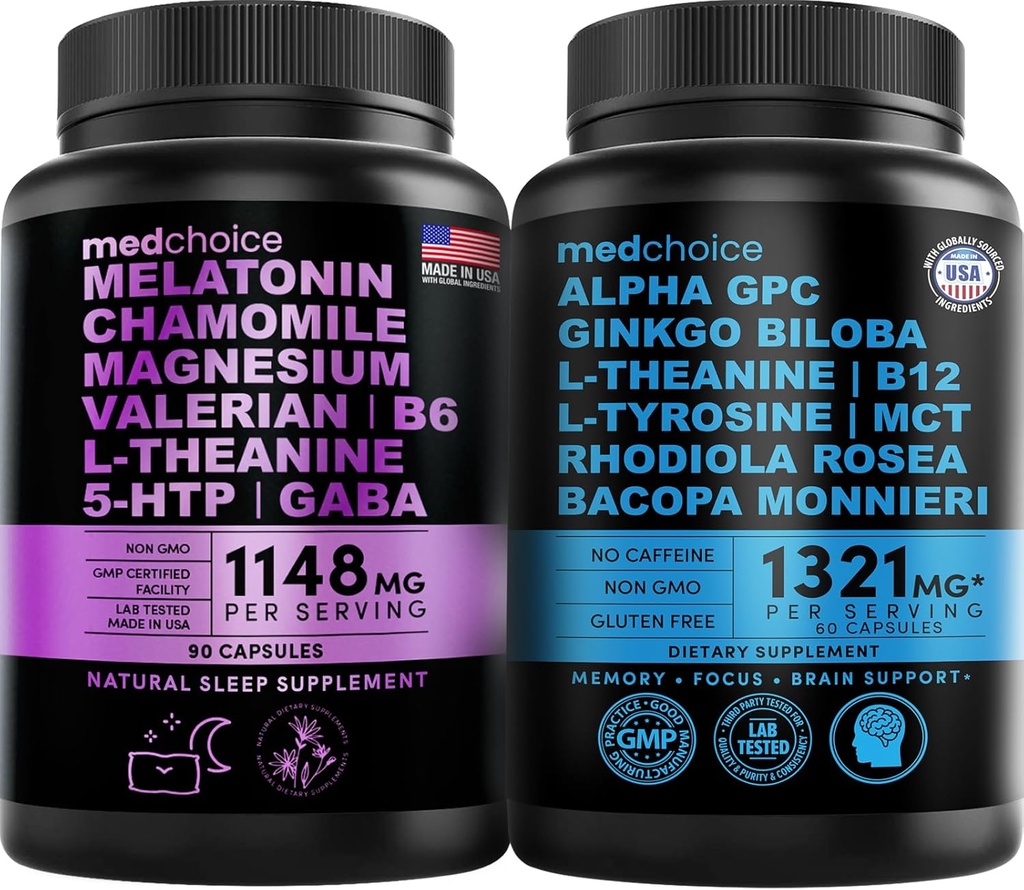 MEDCHOICE Melatonina del sueño (90ct) y Cerebro Nootrópico (60ct) Suplemento Bundle - Wellness Duo for Sleep, Brain, Focus, " Mood Support - Vegan, Non-GMO, Gluten-Free