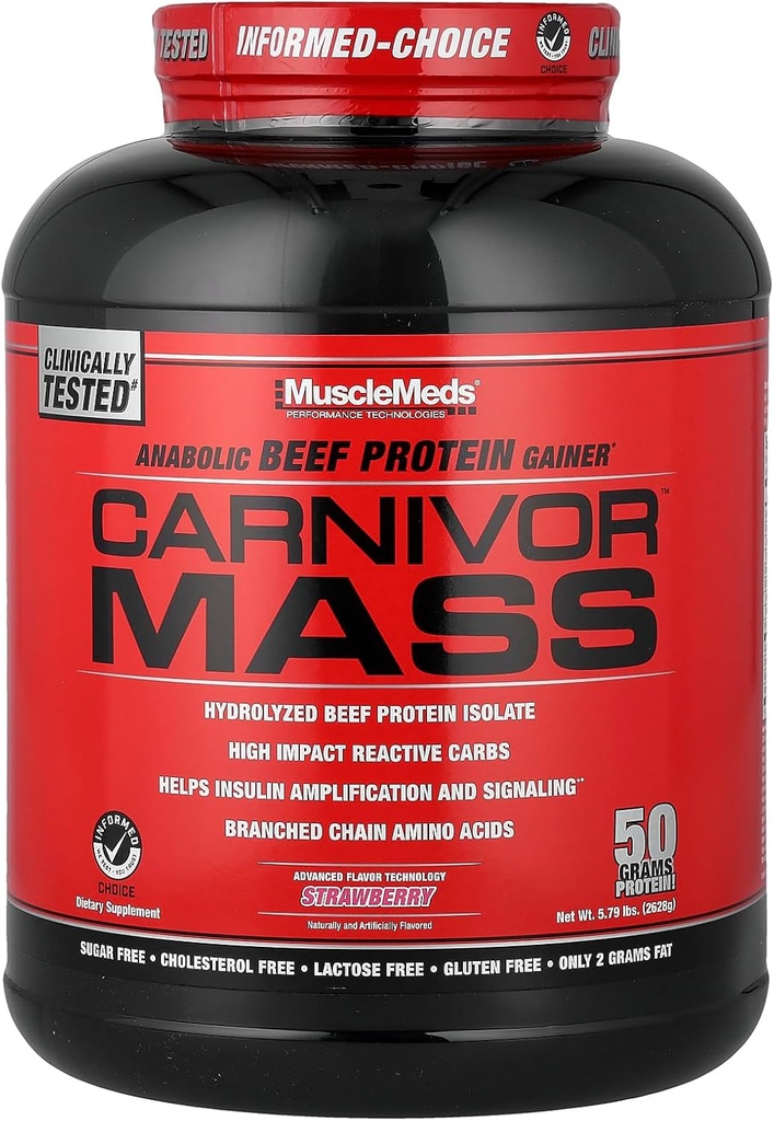 MuscleMeds Carnivor Mass Anabolic Beef Protein Gainer, Strawberry, 6 libras