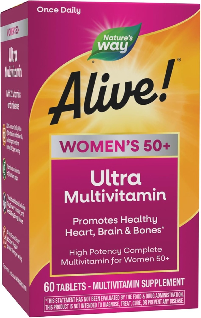 ¡El Camino de la Naturaleza Alive! Vitaminas para Mujer 50 Plus, Multivitamina completa, Fórmula de alta potencia, con B12 metilada, sin gluten, 60 Tabletas