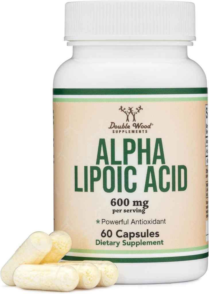 Ácido Lipoico alfa 600mg por Serving, 60 cápsulas (Tercera Parte Probada, No GMO, Libre de gluten, Seguro Vegano) Antioxidante de Potente para Neuropatía y Salud Cardiovascular (Suplemento ALA) por Madera Doble