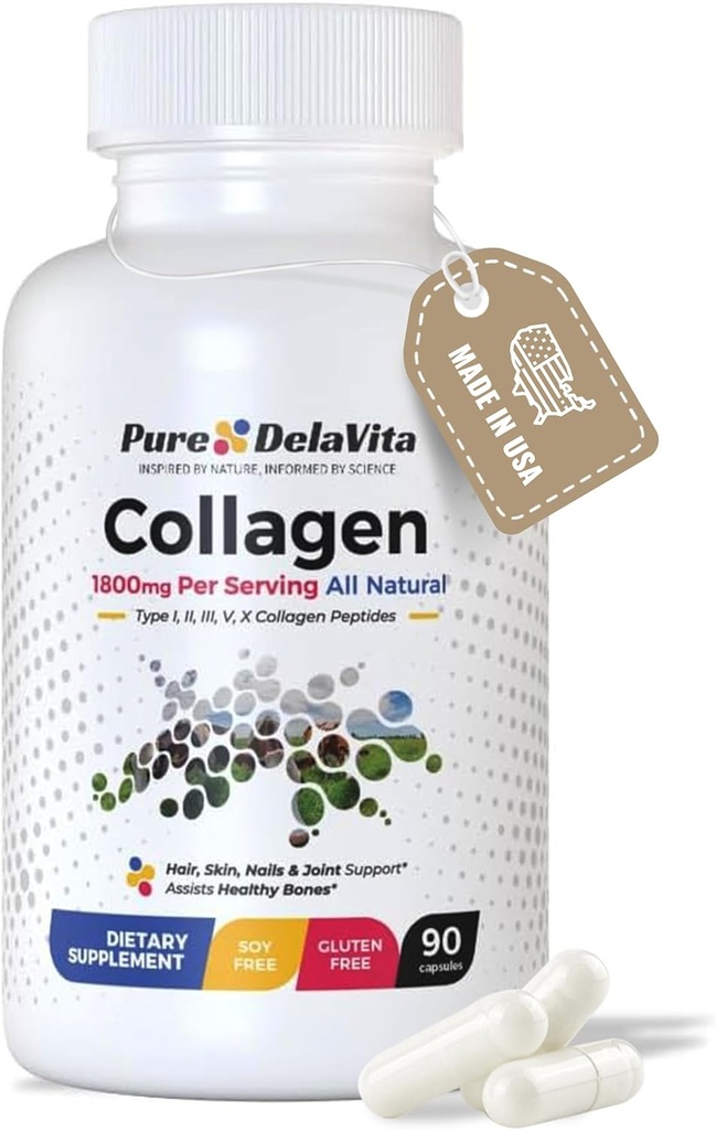 Cápsulas completas de colágeno para mujeres – 1800 mg, Tipos I, II, III, V, X para el cabello, piel, uñas, articulaciones " salud ósea, alta absorción, anti envejecimiento, no transgénico, libre de gluten, 90 cápsulas