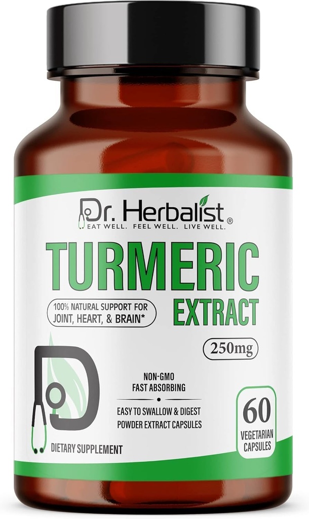 Dr. HERBALIST Turmeric Curcumin Extracto 250mg - 60 cápsulas veganos TEN 10:1 Extracto = 2.500mg Turmeric cruda TEN Estándarizado para Curcuminoides Biodisponibles ANTE Sostenimiento natural basado en plantas
