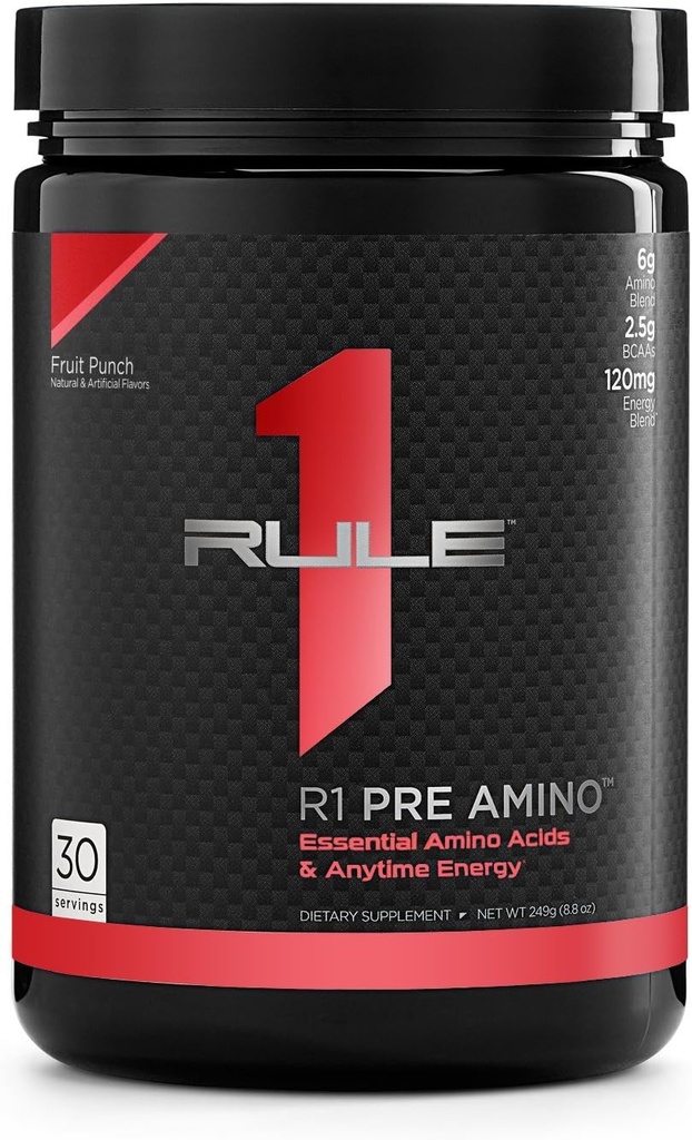Regla 1 Proteínas Pre Aminoácidos Complejo Punch de frutas, en cualquier momento de energía, cafeína de té verde y extractos de café, resistencia, apoyo en foco, 30 servicios, 15 Oz