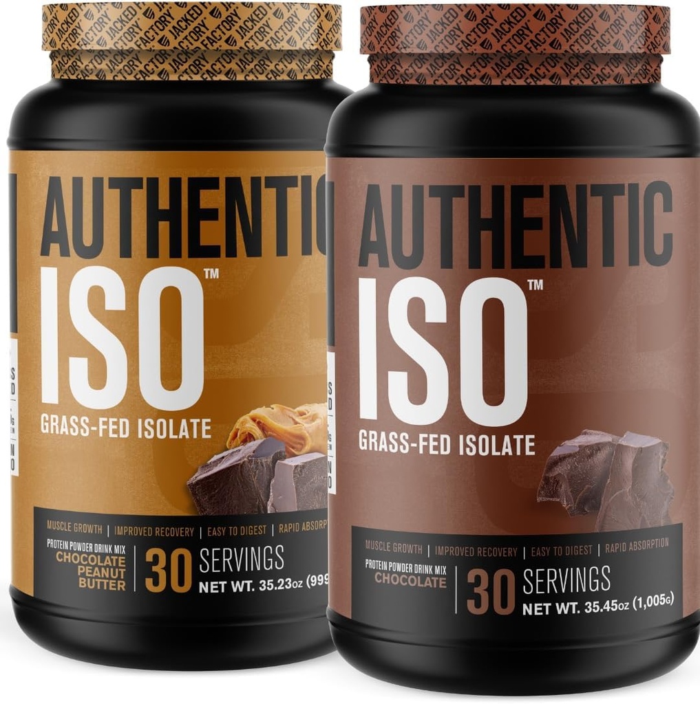 Fábrica Jacked Authentic ISO Grass Fed Whey Protein Isolate Powder - Low Carb, Non-GMO Muscle Building Protein w/No Fillers (Chocolate Peanut Butter, 30sv) & (Chocolate, 30sv)