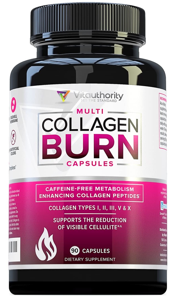 Multi Collagen Burn: Péptidos de proteína hidrolizada multi-tipo con ácido hialurónico, vitamina C, muestras de SOD B, tipos I, II, III, V y X, libres de cafeína (capítulos de sabor)