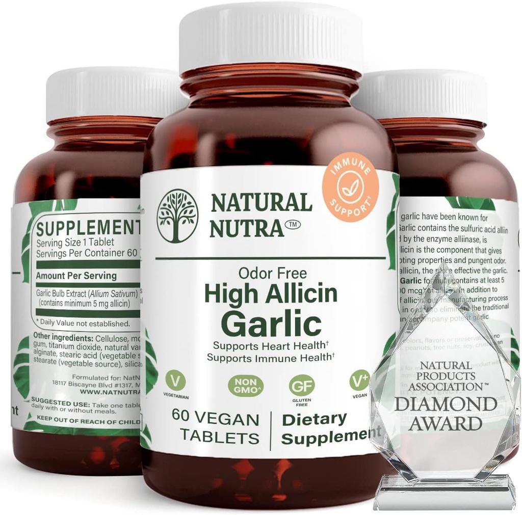 Natural Nutra High Allicin suplemento de ajo, apoya el sistema inmunitario, mejora la salud del corazón, mejora la salud de las enzimas, mejor digestión, combate frío y gripe, vainilla de cocción, 500 mg, 60 tabletas Vegan