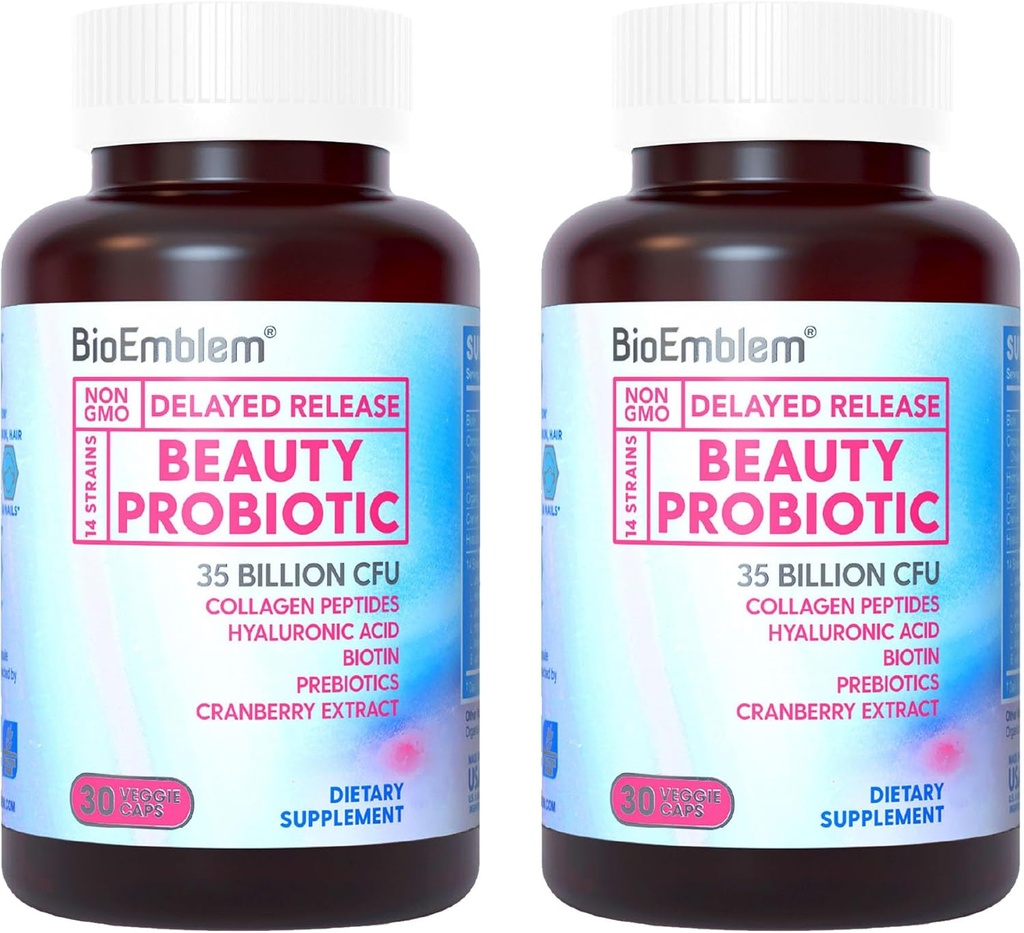 BioEmblem Beauty Probióticos para Mujeres, 35 millones de francos CFU 14 Strains with Biotin, Collagen, Prebiotics for Digestive Health, Hair Skin and Nails, Vaginal Probiotics Supplement, Shelf Stable, 60 Caps