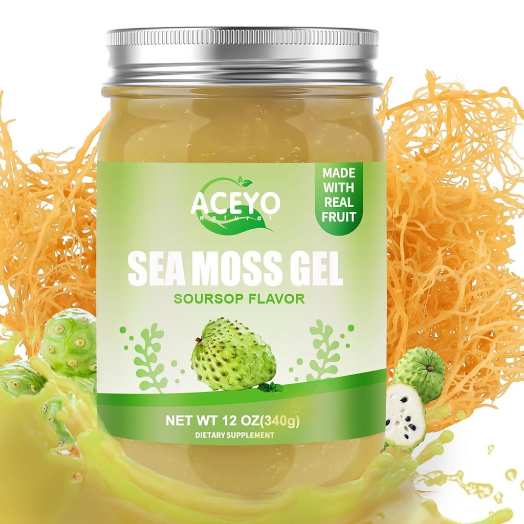 ACEYO (12 OZ) Irish Sea Moss Gel Organic Raw Vegan Soursop Flavor 102 Vitaminas y Minerales Wild Harvested Non-GMO Immune &amp; Digestion Support