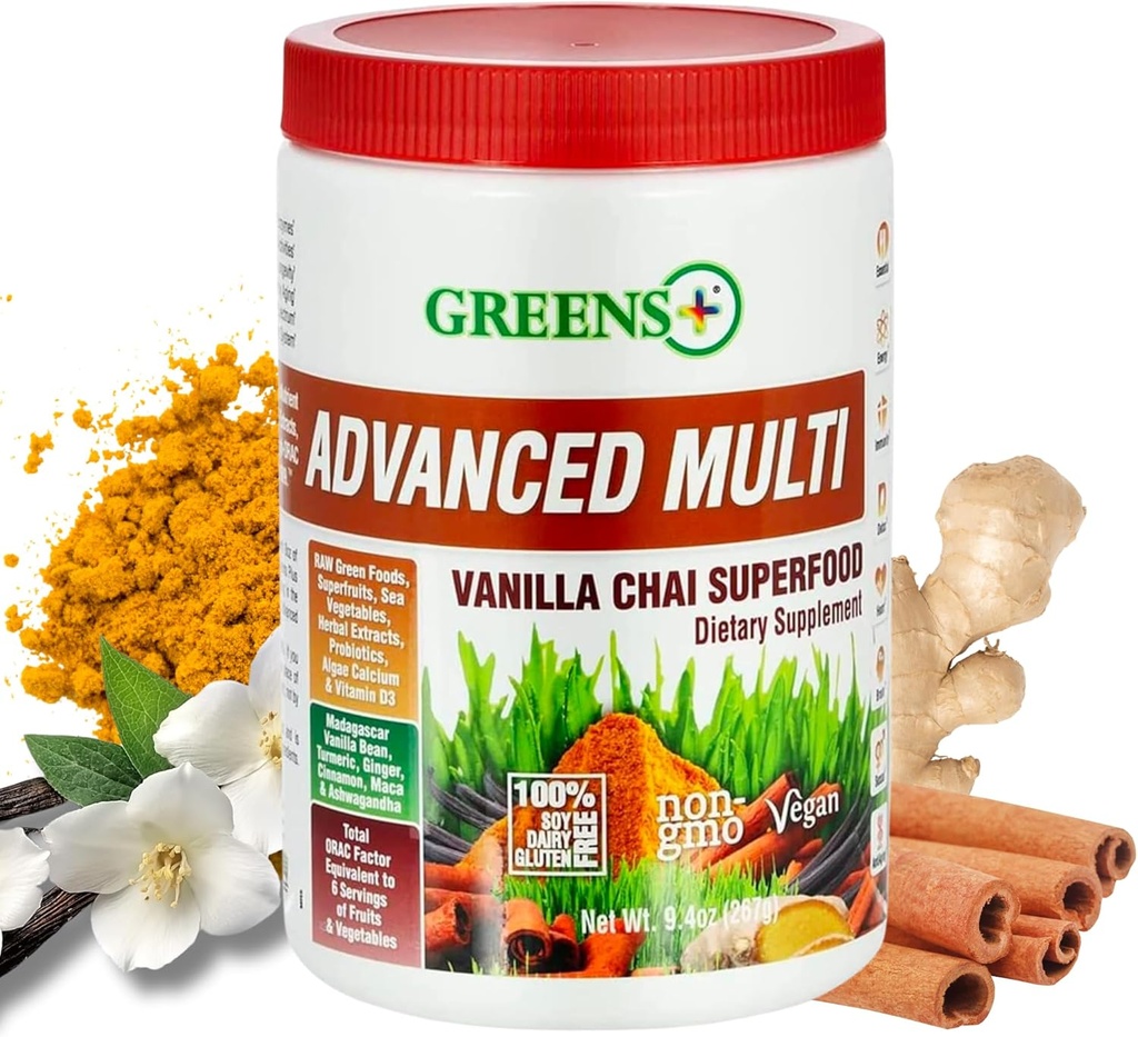 Verdes+ Avanzado Multi Vainilla Chai Superfood Powder, Orgánica Saludable para la Vitalidad Matutina, Nutrición, Salud Vibrant, Suplemento Dietario, Vitaminas Minerales, Vegan, Soy/Dairy/Gluten Free(9.4oz)