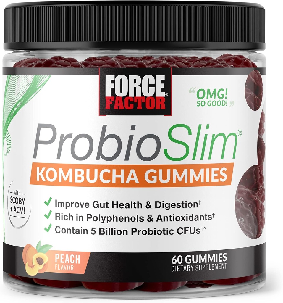 Factor de fuerza ProbioSlim Kombucha Gummies for Digestive Health, Probiotics for Women and Probiotics for Men Made with 5 Billion CFUs, Kombucha SCOBY Probiotic Gummies, Peach, 60 Gummies