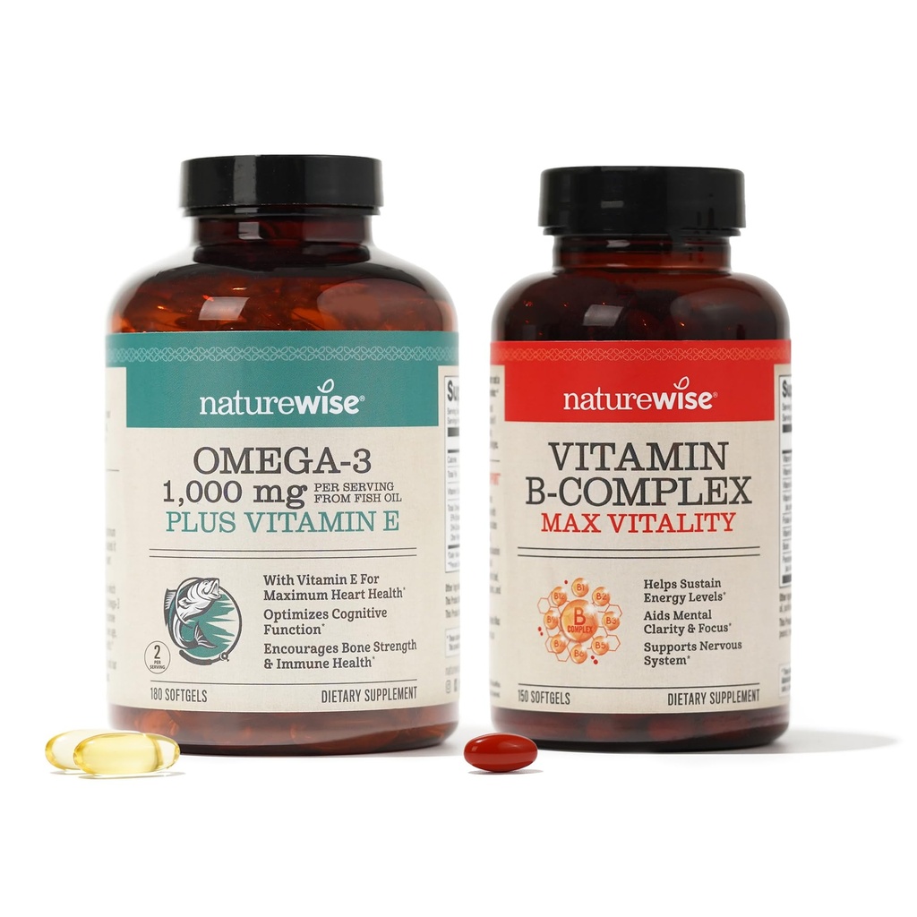 NatureWise 1000mg Omega 3 600mg EPA 400mg DHA con vitamina E 180ct &amp; Complejo de vitamina B para mujeres y hombres 150 Softgels[5-Mes de suministro]