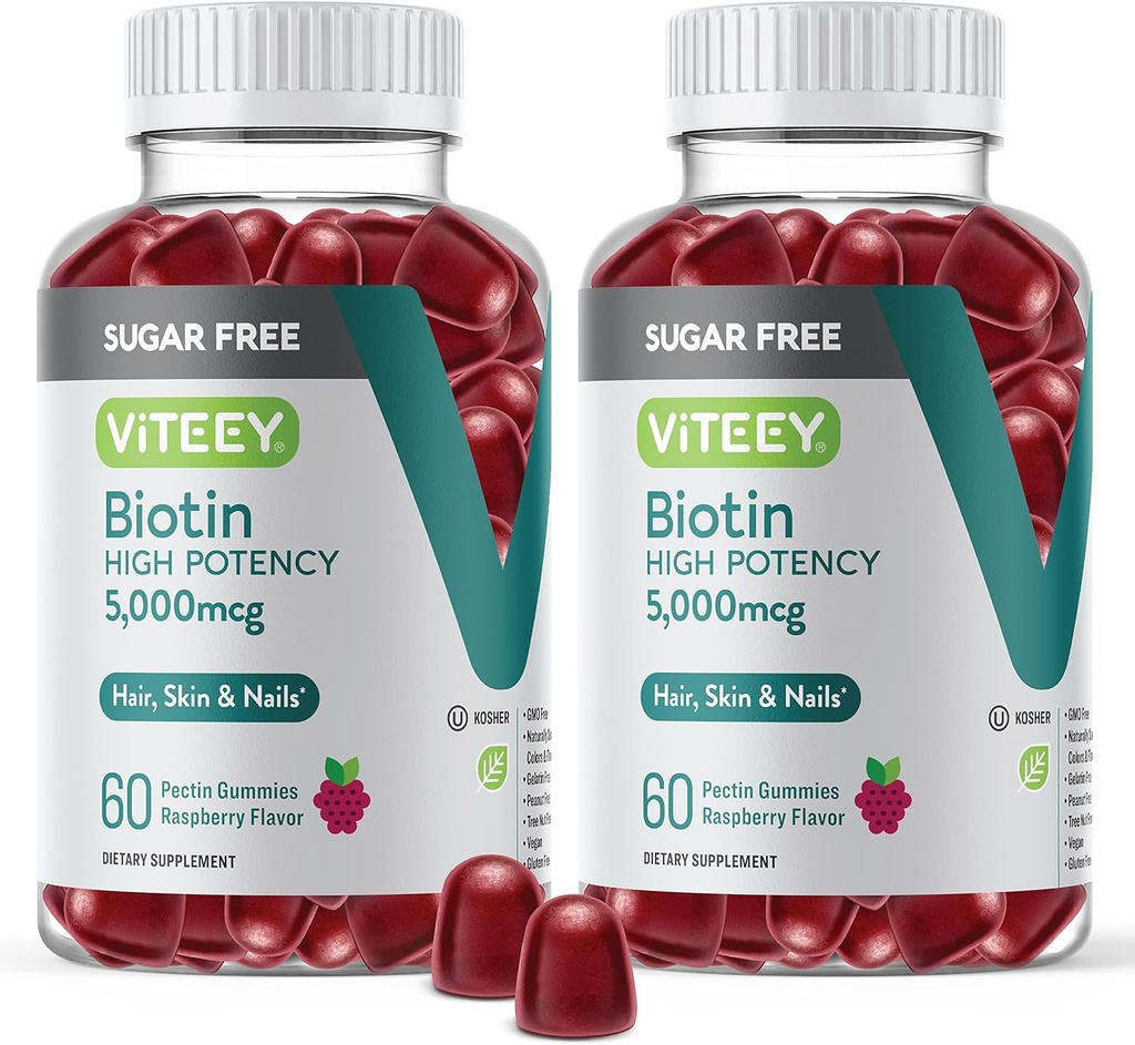VITEEY Biotin Gummies for Hair, Skin, and Nails 5,000mcg - Sugar Free - Peluqueros de crecimiento, Esquí saludable Glow, fuerte crecimiento de uñas saludables - Vegan, Gluten Free, Gelatin Free- Chewable Raspberry Flavor