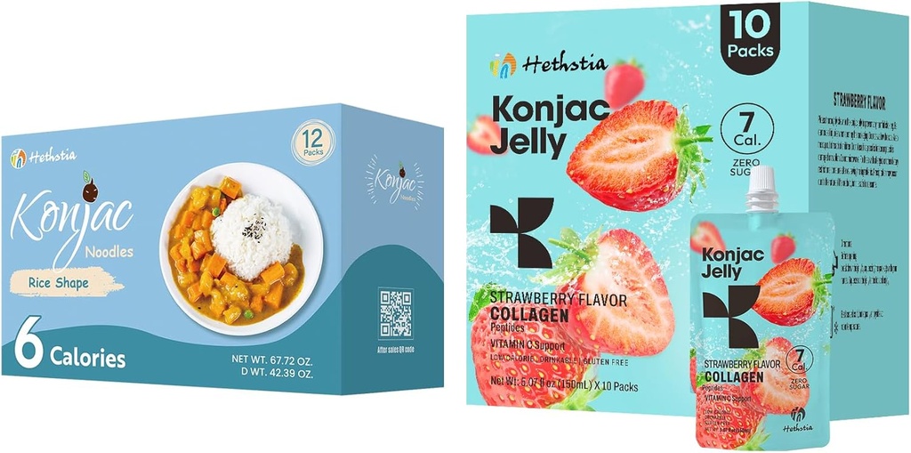 Hethstia Konjac Jelly Strawberry Flavor with Collagen Peptides 10 Packs y Konjac Rice Gluten Gratis 12 Packs Low Calorie, Keto, Sugar Free, Healthy Food
