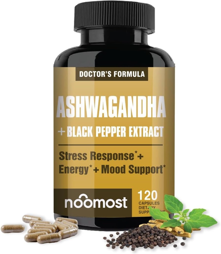 NooMost Ashwagandha 1200mg Suplemento  10% Withanolides with Black Pepper Extract ← Pure Root Extract for Stress Relief, Promotes Energy, Mood, Helathy Sleep for Men &amp; Women Silencio 120 Capsules