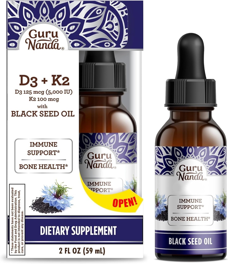 GuruNanda Wellness Bundle: Liquid Ashwagandha with Bacopa (1 Fl Oz) for Focus & Relaxation Support & Black Seed Oil (2 Fl Oz) with Vitamin D3, K2 & E for Immune Boosting - Vegan & Non-GMO