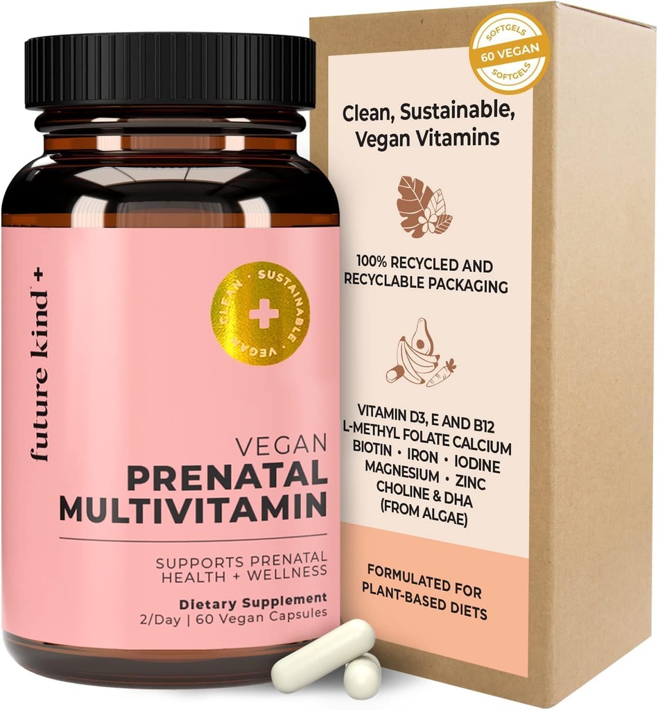Vitamina Prenatal Vegana Futuro con DHA " L-Methylfolate en botella de vidrio - Suplemento de Folato Prenatal para Mujeres con Vitamina D " E, Hierro " Biotina - Libre de gluten, No GMO (60ct)