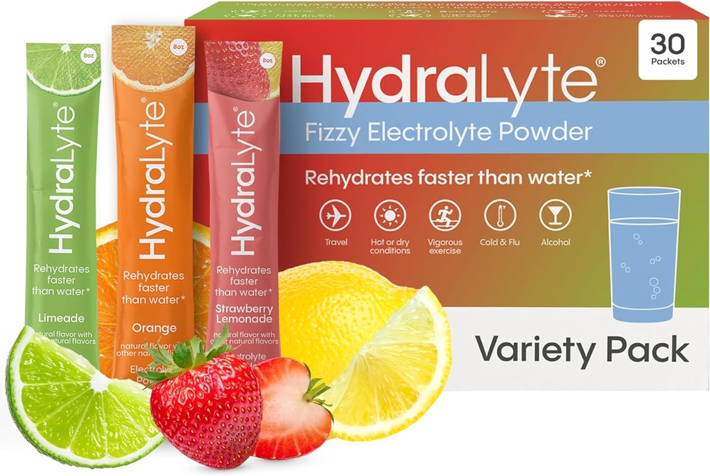 Hydralyte Low Sugar Rapid Rehydration - Lightly Sparkling Electrolyte Powder Packets, 8 oz Serve | Variety Hydration Packets | Hydration for Heat, Travel, Exercise and Bachelorette Parties (30 Count)