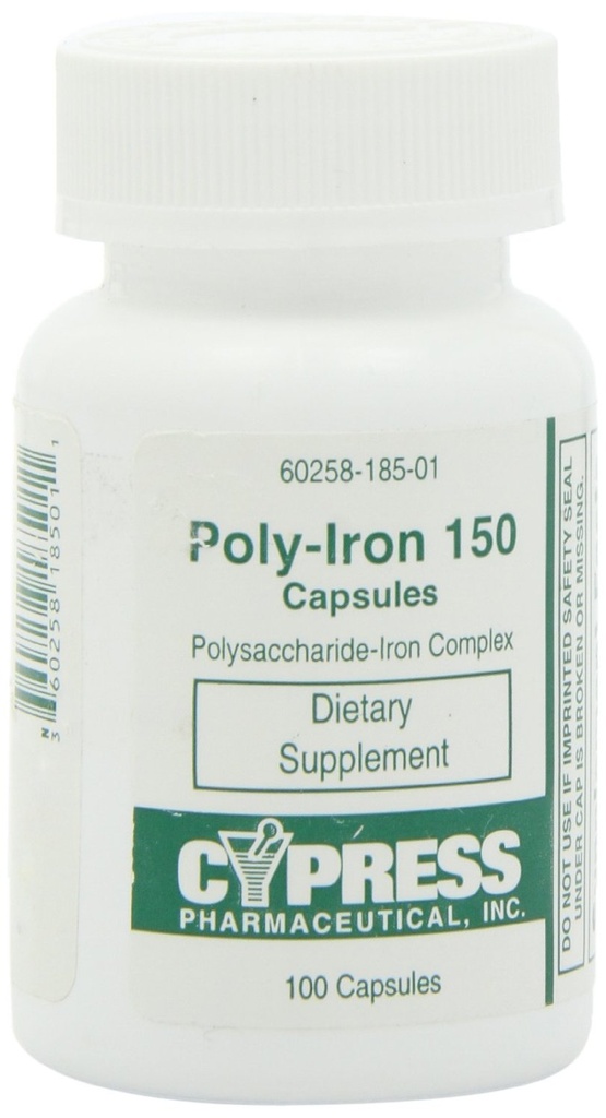 Suplemento dietético - Poly Iron Capsules 150 mg (100 caps por botella) por Cypress Pharmaceutical #185-01 (2 Botellas de 100 caps)