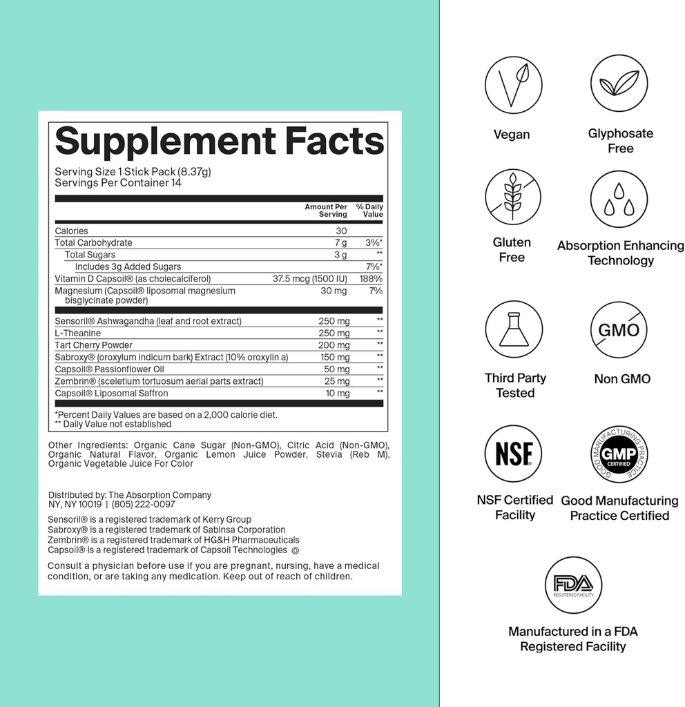Calm Drink Mix - Relax Aid with Magnesium, Ashwagandha, L-Theanine, " Vitamina D - Soporta la Regulación del Cortisol y el Mood para Hombres " - Watermelon Lemonade Flavor 7 Sticks