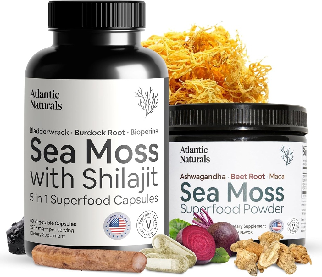 Atlantic Naturals Sea Moss Superfood Bundle - Sea Moss con Shilajit 5-in-1 Capsules " Sea Moss Powder con Ashwagandha, Beet Root " Maca Root - Mejora de la vitalidad, Skin " Athletic Support 60 ct " 150g