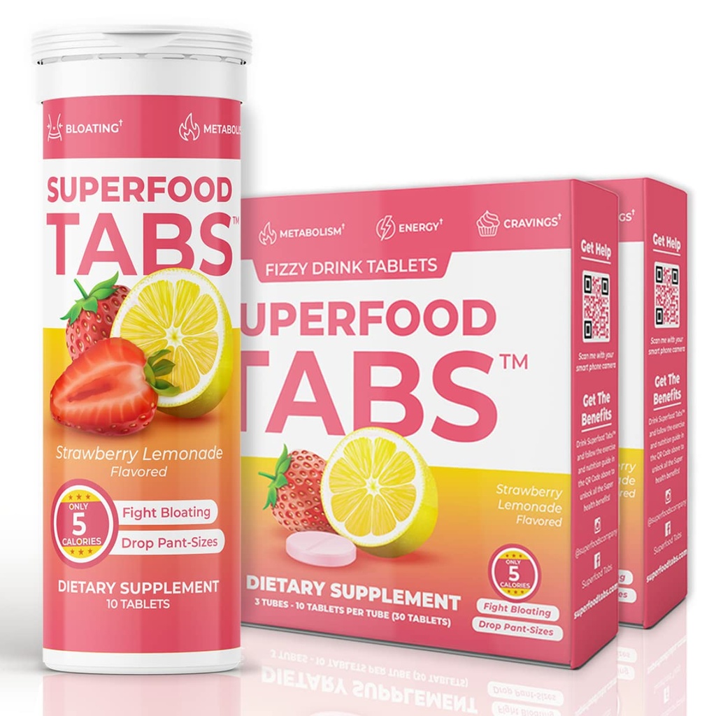Superfood Tabs Superfoods Company Detox Cleanse Drink - Supplement for Women &amp; Men - Support Healthy Weight, Digestive Health, Cravings & Bloating Relief - Strawberry Lemonade Flavor [60 Tablets]