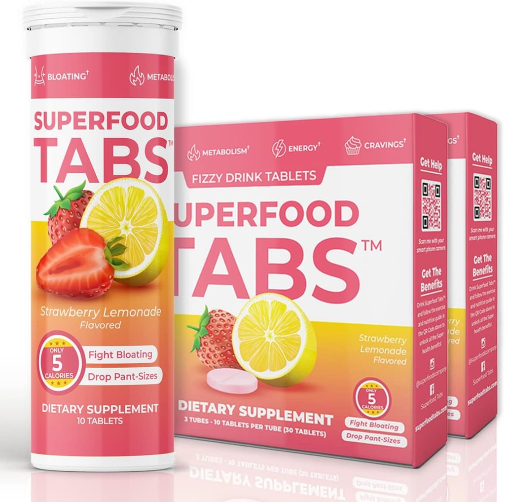 Superfood Tabs Superfoods Company Detox Cleanse Drink - Supplement for Women &amp; Men - Support Healthy Weight, Digestive Health, Cravings & Bloating Relief - Strawberry Lemonade Flavor [60 Tablets]