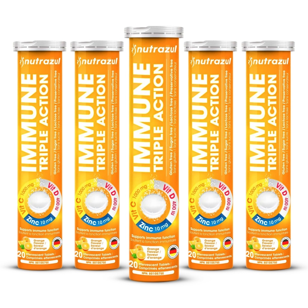 nutrazul Immune Triple Action Effervescent Tablets with Vitamin C 1000mg, Vitamin D, Zinc, Support Daily Routine, Gluten-Free, Sugar-Free, Lactose-Free, Orange Flavor, 20 Tablets (Pack of 5x20)