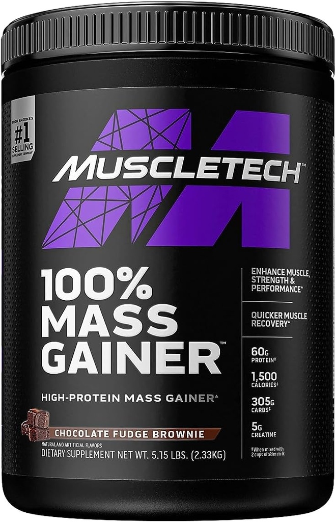 MuscleTech High Protein Mass Gainer for Men &amp; Women - Protein Powder Shakes for Weight Gain, Muscle Building &amp; Recovery with Creatine Monohydrate - Chocolate Fudge Brownie, 5.15 libras