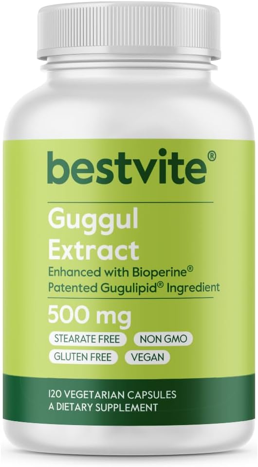 Guggul Extract 500mg (120 cápsulas vegetarianas) - Respaldado por Investigación Clínica, Patented and Standardized, Mejorado por Bioperine - No Fillers - No Stearates - Vegan - No GMO - Gluten Free