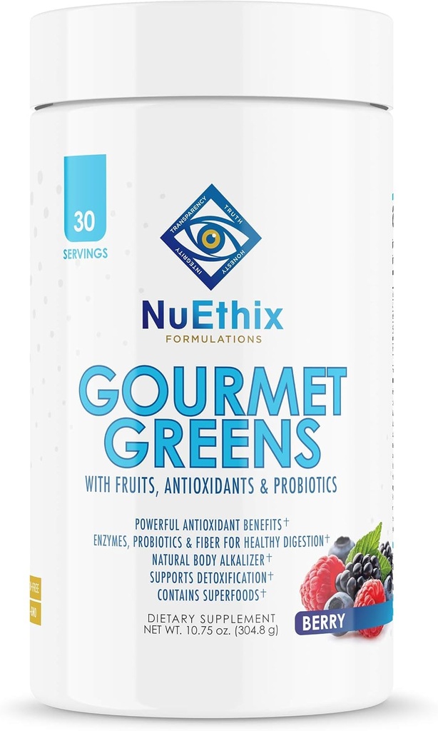 NuEthix Fórmulas Gourmet Greens Beber Powder Suplemento dietético con Frutas y Superalimentos Vegetal y Probióticos, Berry, 30 Servimientos