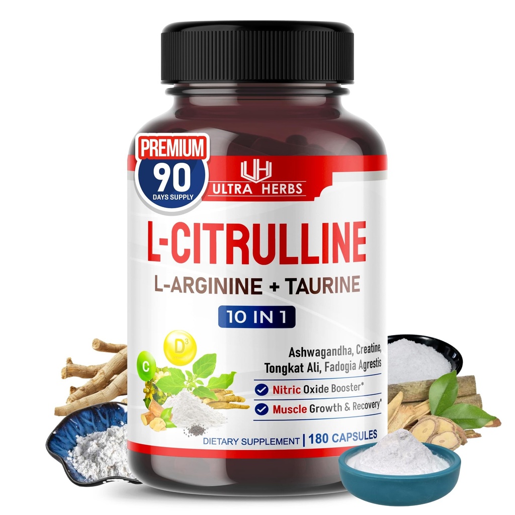 L-Citrulline Suplemento Cápsulas Enriquecidas con L-Arginina, Taurina, Creatina, Tongkat Ali, Fadogia Agrestis ANTE Ultra Nitric Oxide Booster para la resistencia muscular, resistencia " recuperación  durable 180 Cápsulas
