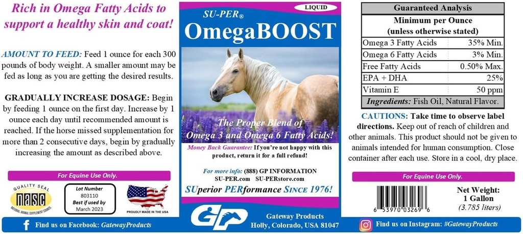 SU-PER OmegaBOOST Fish Oil for Horses - Premium Omega 3 y Omega 6 Fatty Acids Suplemento - Soportes Healthy Skin & Coat - 1 Gallon
