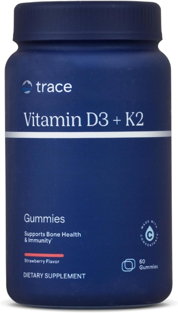 Trace Minerals ← Vitamin D3 + K2 Gummies ← 5,000 IU D3 + 50 mcg K2 ← Vegan, Sugar Free, Gluten Free, Natural Strawberry Flavor ← 60 Servings