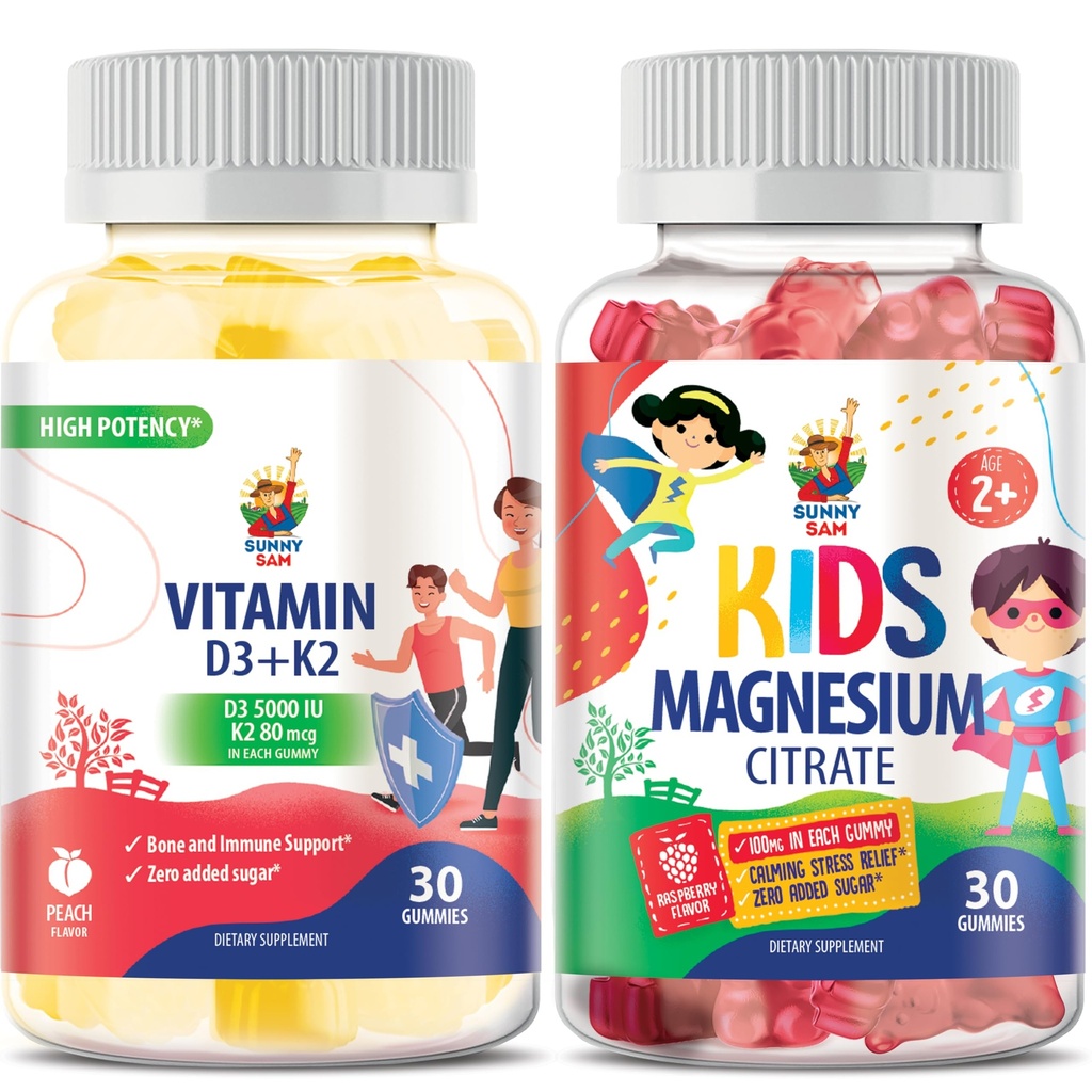 SUNNY SAM Magnesium Gummies for Kids and Vitamin D3 K2 Gummies 5000 IU.