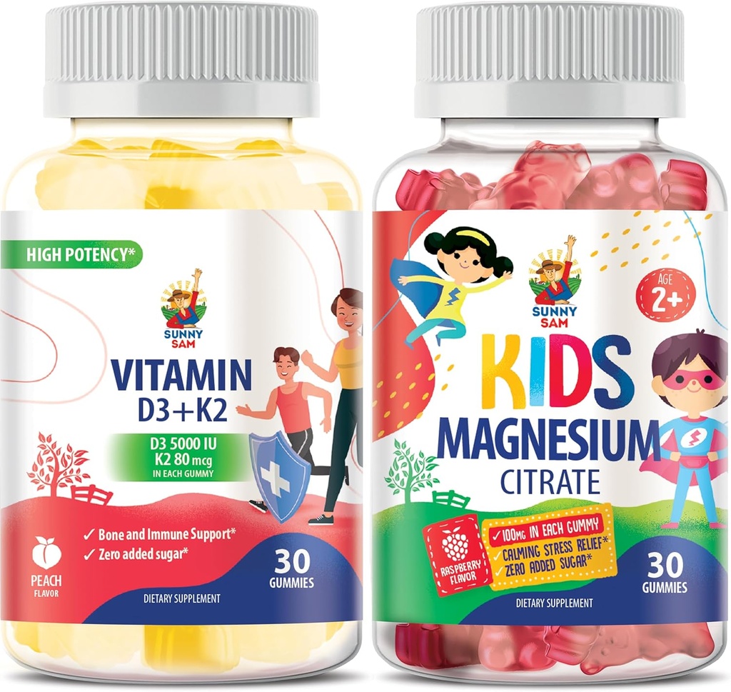 SUNNY SAM Magnesium Gummies for Kids and Vitamin D3 K2 Gummies 5000 IU.