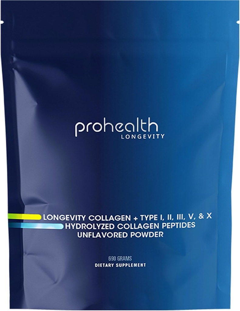 ProHealth Longevity Collagen Peptides Powder - para personas mayores de 40. 20g Multi Collagen. 2g Pro-Collagen. Ácido hialurónico. Tipo I, II, III, V, X para Juntas, Huesos, Pelo, Piel, Musculos, Gut - 30 Servimientos