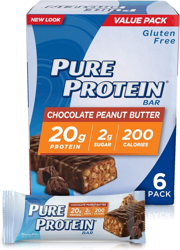 Proteína Pura--High Protein Bar Chocolate Peanut Butter--Protein Bares--20 Gramos de Proteína por Bar--Gluten Free--6-1.76-Ounce Bares