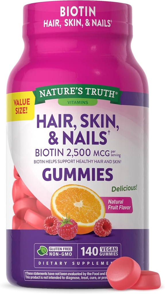 La verdad de la naturaleza Pelo, Esquía y uñas Gummies Silencio con Biotin  140 Conde ← Fruit Flavor ← Vegan, Non-GMO y Gluten Free Vitamin for Hombre and Women