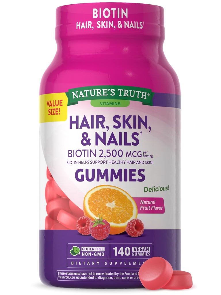 Nature's Truth Hair, Skin, and Nails Gummies | with Biotin | 140 Count | Fruit Flavor | Vegan, Non-GMO and Gluten Free Vitamin for Men and Women